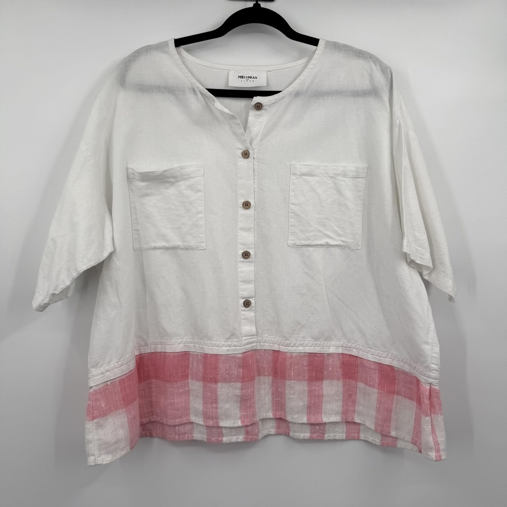 MEOMUA Button-Up Tunic Womens XL White Linen Short Dolman Sleeve Pink‎ Plaid